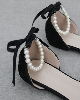 Black Crochet Lace Pointy Toe with Pearls Ankle StrapWomen Shoes