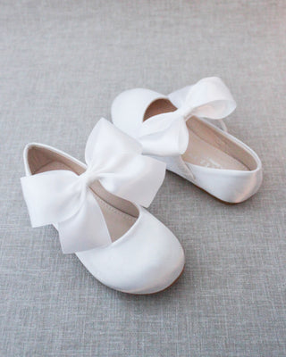 White Mary Jane Girls Flats with Bow