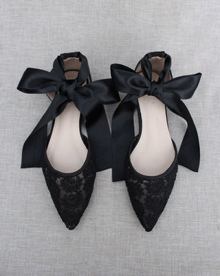 Black Crochet Lace Pointy Toe with Ballerina Lace Up or Ankle TieWomen Shoes