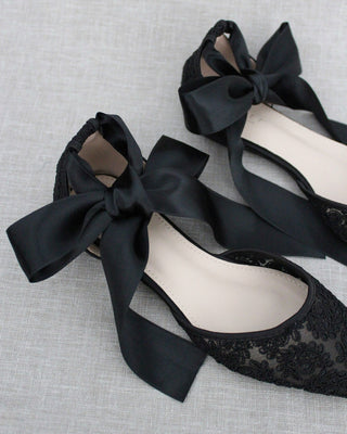Black Crochet Lace Pointy Toe with Ballerina Lace Up or Ankle TieWomen Shoes