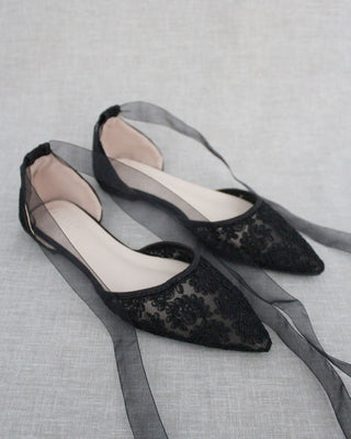 Black Crochet Lace Pointy Toe with Ballerina Lace Up or Ankle TieWomen Shoes
