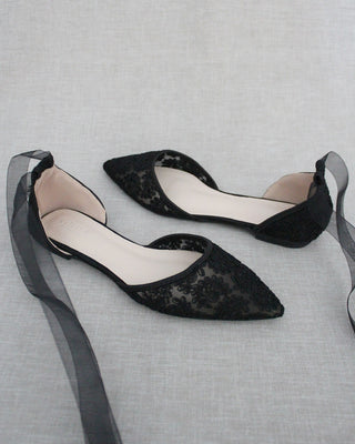 Black Crochet Lace Pointy Toe with Ballerina Lace Up or Ankle TieWomen Shoes
