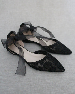 Black Crochet Lace Pointy Toe with Ballerina Lace Up or Ankle TieWomen Shoes