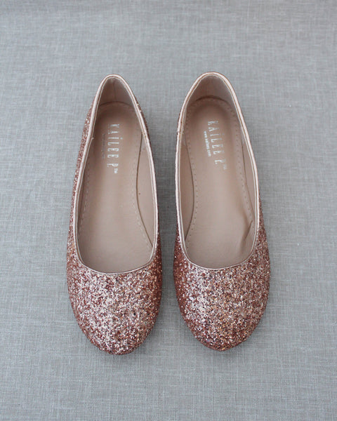 Rose Gold Glitter Round Toe Flats Wedding Shoes Bridesmaids Flats