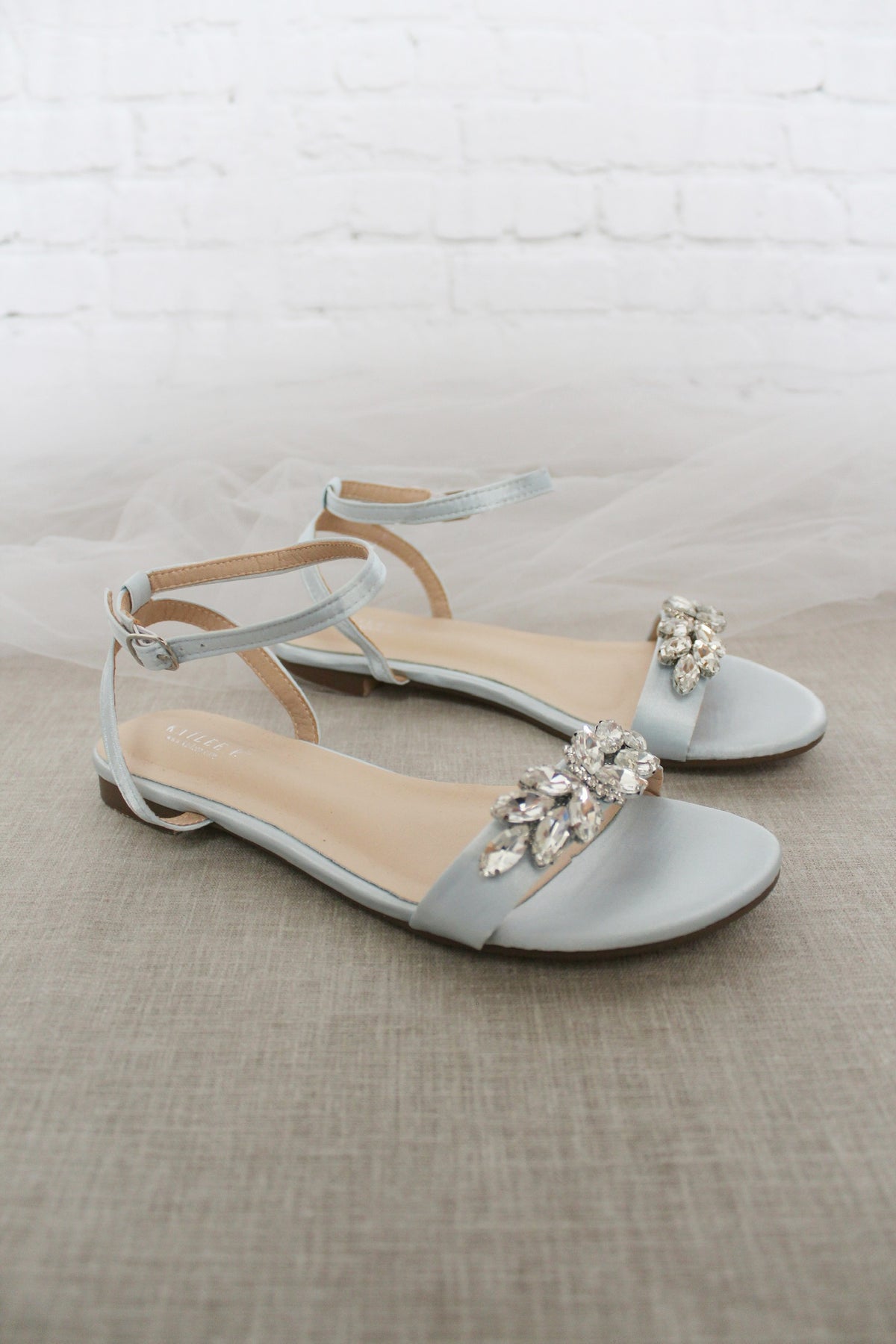 Light Blue Satin Flat Sandal with Butterfly Brooch and Ankle Strap ...