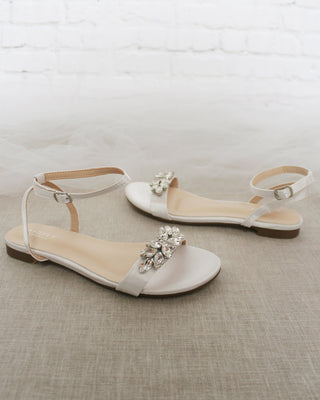 White Satin Flat Sandal with Butterfly Brooch and Ankle Strap