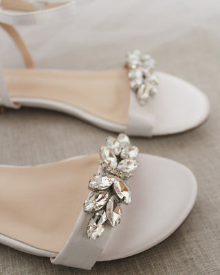 White Satin Flat Sandal with Butterfly Brooch and Ankle Strap