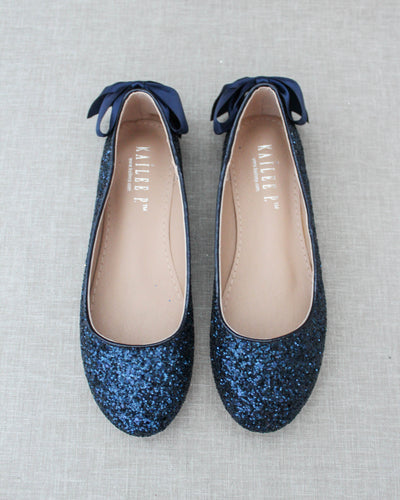 Navy Blue Glitter Flats with Back Bow
