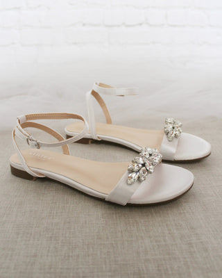 White Satin Flat Sandal with Butterfly Brooch and Ankle Strap