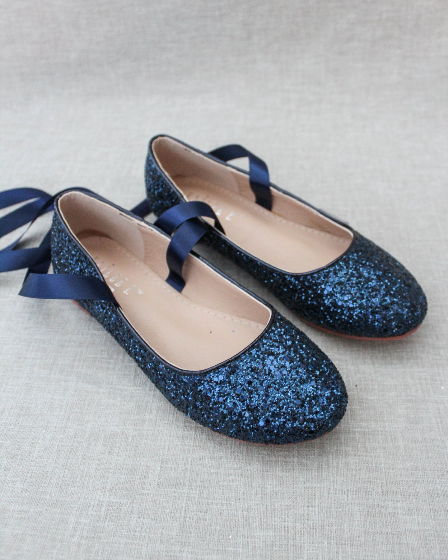 Glitter Flats with Satin Ties Navy Shoes Prom Shoes Evening Shoes