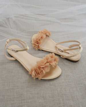 Satin Flat Sandal with Chiffon Flowers and Ankle Strap