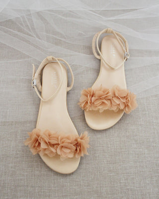 Satin Flat Sandal with Chiffon Flowers and Ankle StrapWomen Shoes
