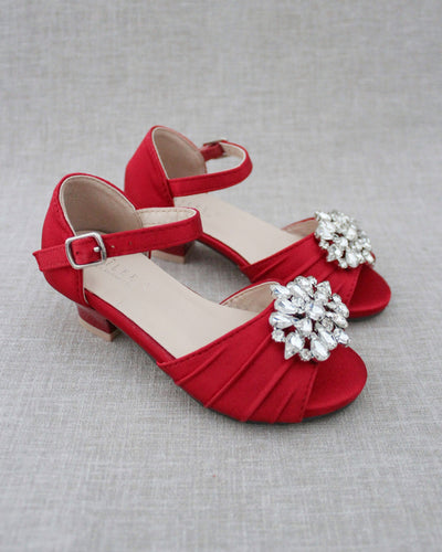 Red Girls Satin Heel Sandals with Rhinestone Brooch