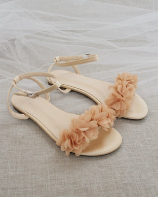 Satin Flat Sandal with Chiffon Flowers and Ankle StrapWomen Shoes