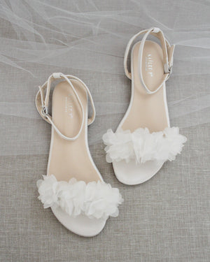 White Satin Flat Sandal with Chiffon Flowers, Wedding Flat Sandals