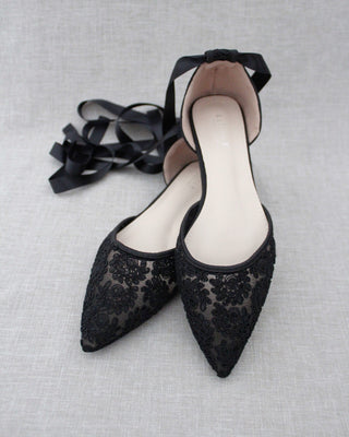 Black Crochet Lace Pointy Toe with Ballerina Lace Up or Ankle TieWomen Shoes