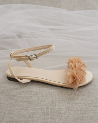 Satin Flat Sandal with Chiffon Flowers and Ankle StrapWomen Shoes