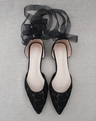 Black Crochet Lace Pointy Toe with Ballerina Lace Up or Ankle TieWomen Shoes