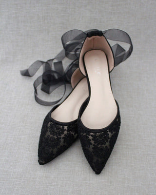 Black Crochet Lace Pointy Toe with Ballerina Lace Up or Ankle TieWomen Shoes