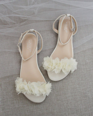 Satin Flat Sandal with Chiffon Flowers and Ankle Strap