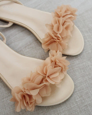 Satin Flat Sandal with Chiffon Flowers and Ankle StrapWomen Shoes