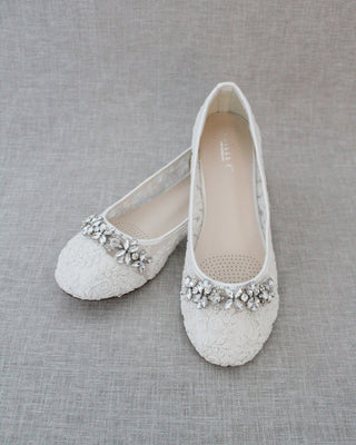 Lace Round Toe Flats with Floral Rhinestones