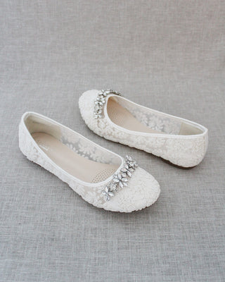Lace Round Toe Flats with Floral Rhinestones