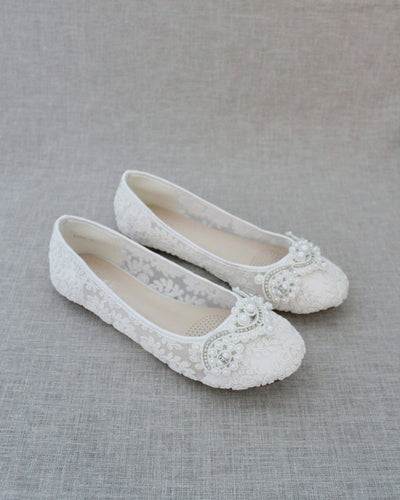 White Pearl Lace Womens Flats