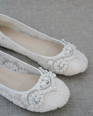 White Pearl Lace Womens Flats