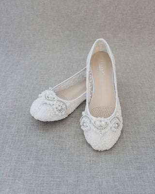 White Pearl Lace Womens Flats
