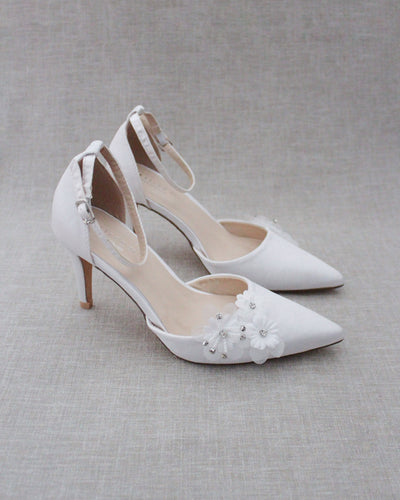 White Satin Heels with Flowers