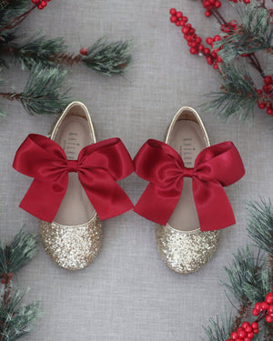 Gold Rock Glitter Mary Jane Flats with Brick Red Satin Bow