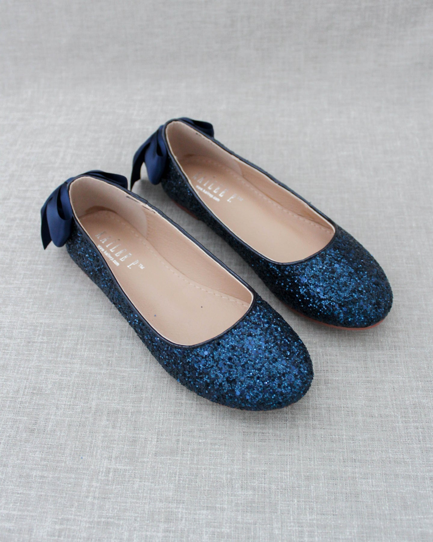 Navy Glitter Round Toe Flats with Bow Wedding Shoes Bridesmaid Shoes