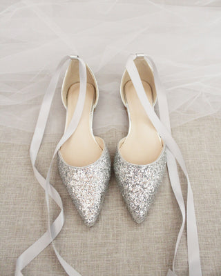 Rock Glitter Pointy Toe Flats with Satin Ankle Tie or Ballerina Lace UpWomen Shoes