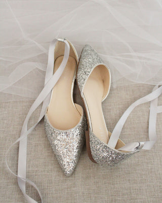Rock Glitter Pointy Toe Flats with Satin Ankle Tie or Ballerina Lace UpWomen Shoes