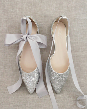 Rock Glitter Pointy Toe Flats with Satin Ankle Tie or Ballerina Lace Up