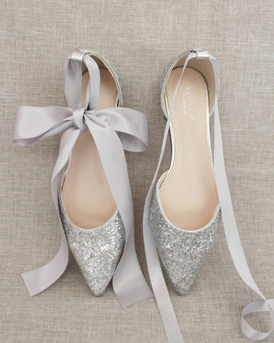 Silver Glitter Women Flats with Satin Ties