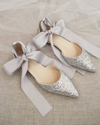 Silver Glitter Women Flats with Satin Ties
