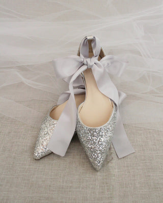 Silver Glitter Women Flats with Satin Ties