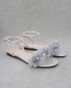 Metallic Flat Sandal with Chiffon Flowers and Ankle Strap