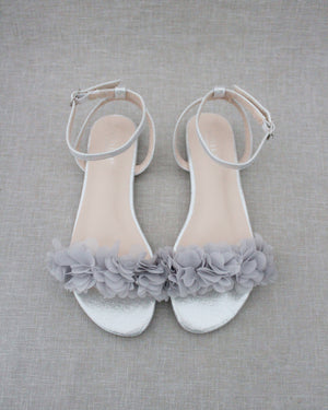 Metallic Flat Sandal with Chiffon Flowers and Ankle Strap