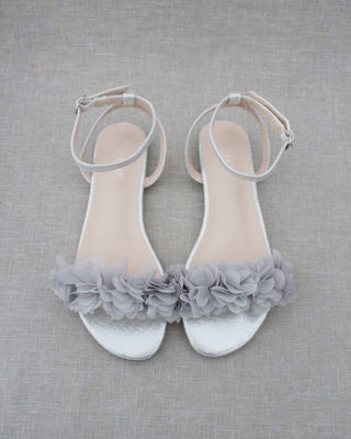 Metallic Flat Sandal with Chiffon Flowers and Ankle StrapWomen Shoes