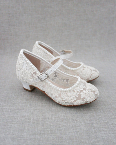 Ivory lace Mary Jane heels with mini pearls