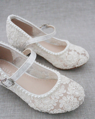 Ivory lace Mary Jane heels with mini pearls