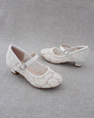 Ivory lace Mary Jane heels with mini pearls