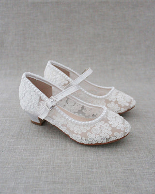 Crochet Lace Mary Jane Heels with Mini Pearls