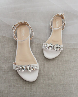 White Satin Flat Sandal with Butterfly Brooch and Ankle Strap