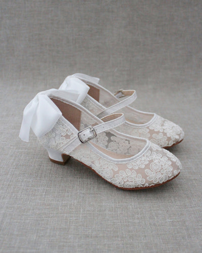 Girls White Lace Heels with Back Bow