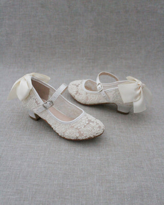 Girls Ivory Lace Heels with Back Bow