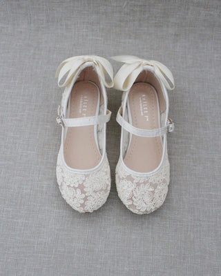 Girls Ivory Lace Heels with Back Bow
